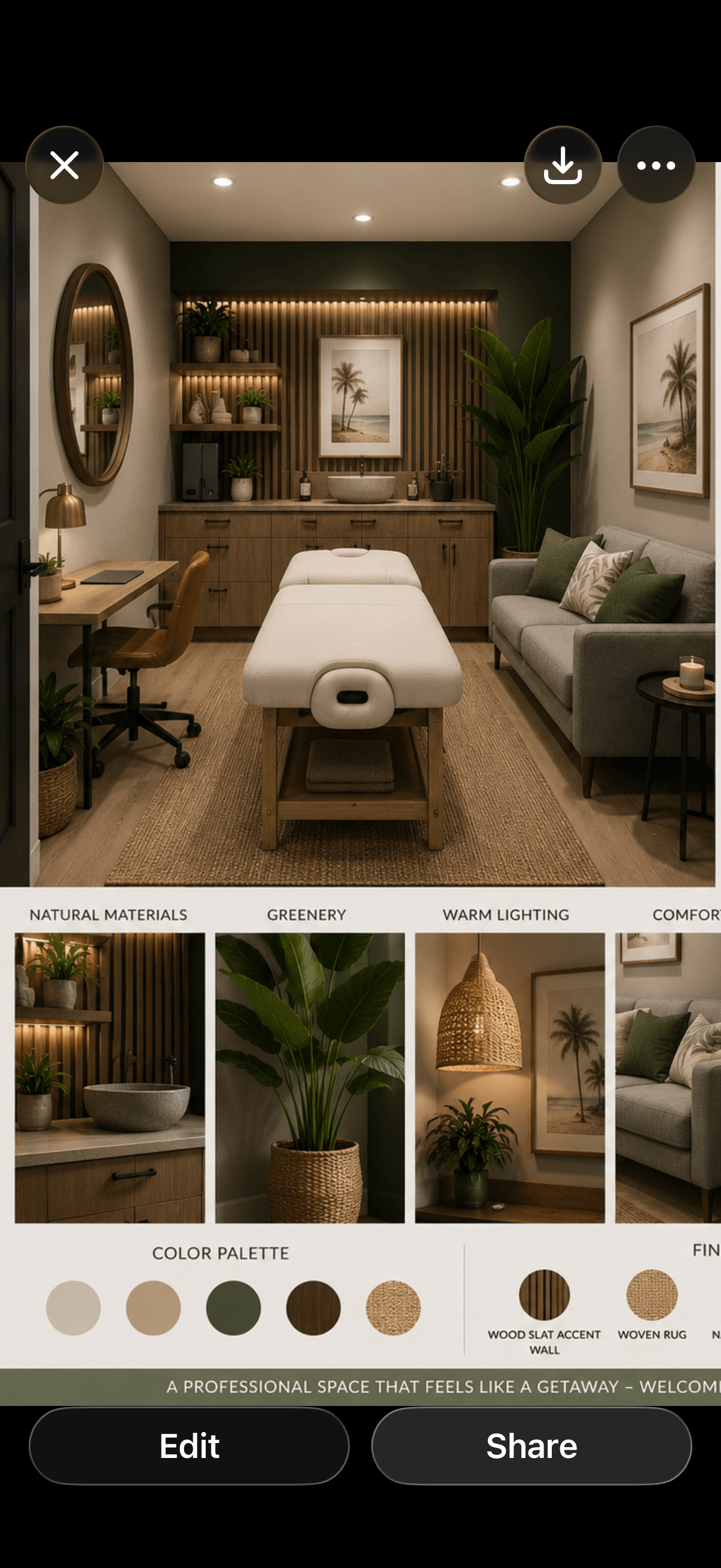 Warm treatment room — natural wood, live greenery, soft ambient lighting